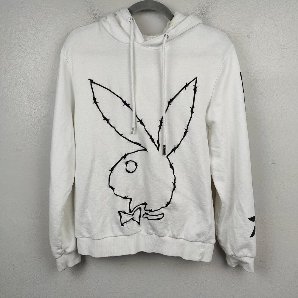 Eleven Paris Playboy‎ Layla Hoodie Mens Medium White Barbed Wire Bunny Logo Y2K